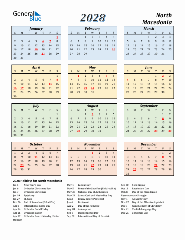 North Macedonia Calendar 2028 with Sunday Start