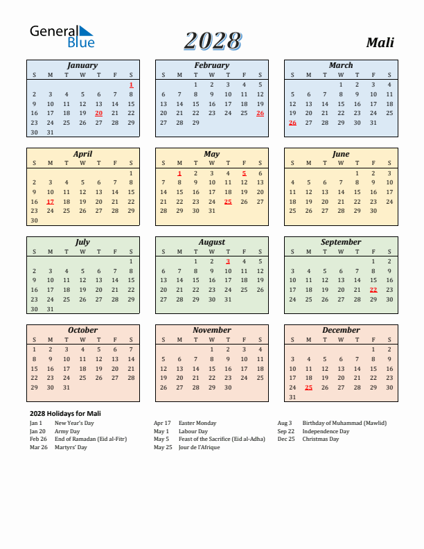 Mali Calendar 2028 with Sunday Start