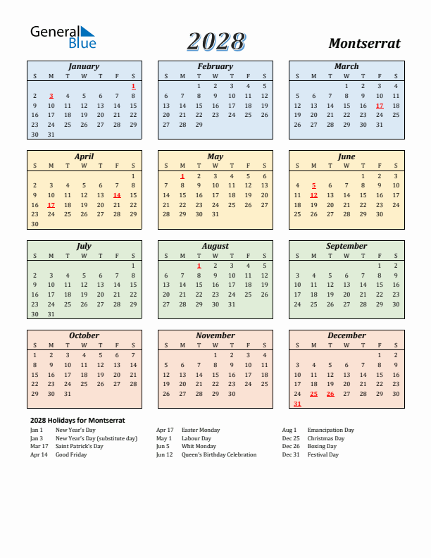 Montserrat Calendar 2028 with Sunday Start