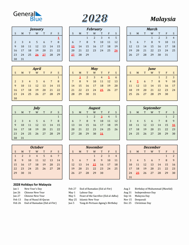 Malaysia Calendar 2028 with Sunday Start