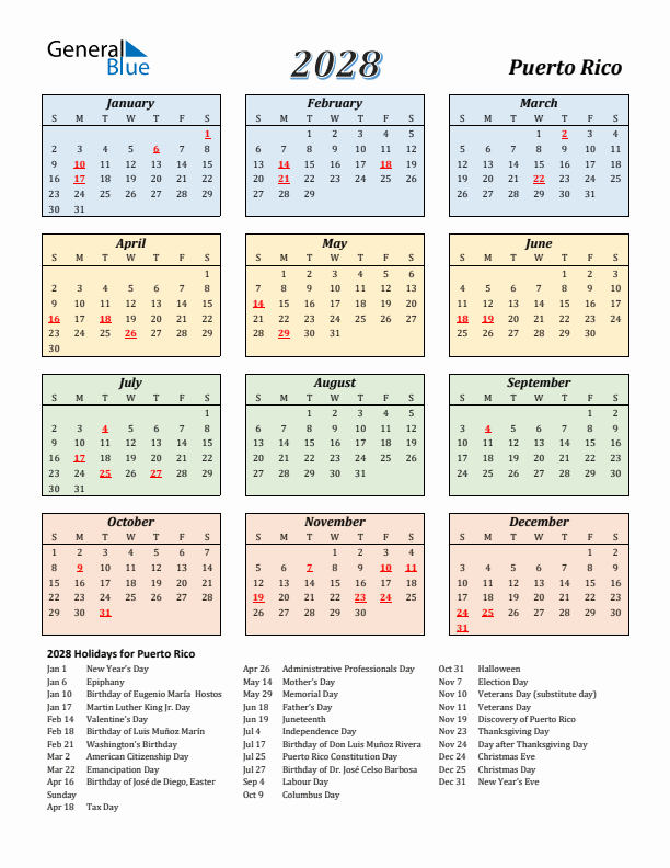Puerto Rico Calendar 2028 with Sunday Start