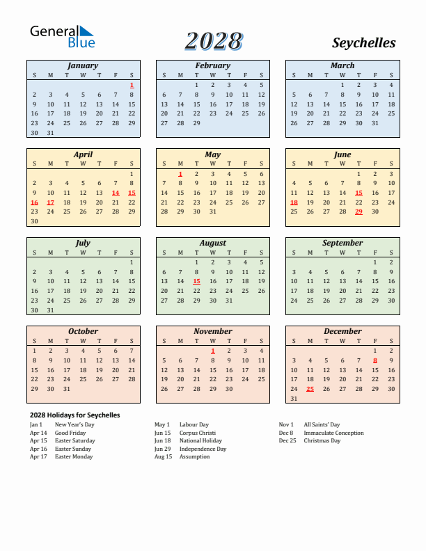 Seychelles Calendar 2028 with Sunday Start