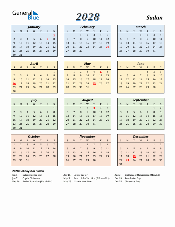 Sudan Calendar 2028 with Sunday Start