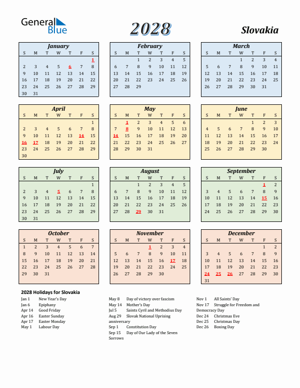 Slovakia Calendar 2028 with Sunday Start