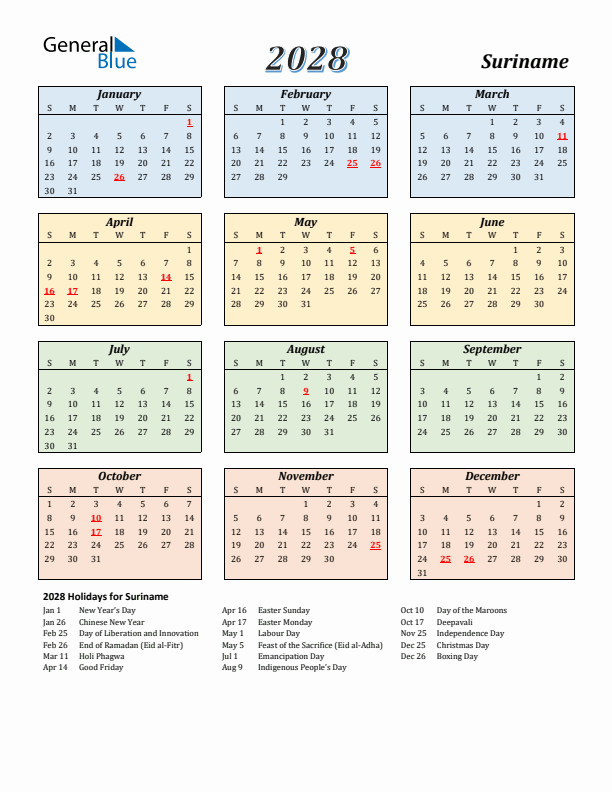 Suriname Calendar 2028 with Sunday Start