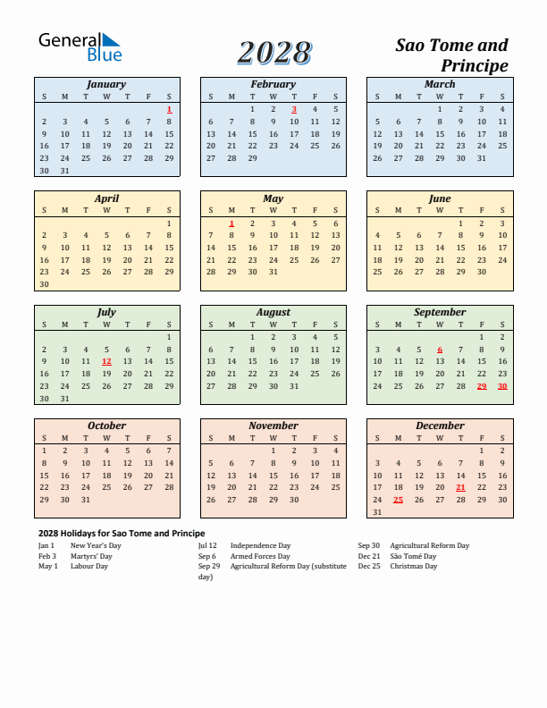 Sao Tome and Principe Calendar 2028 with Sunday Start