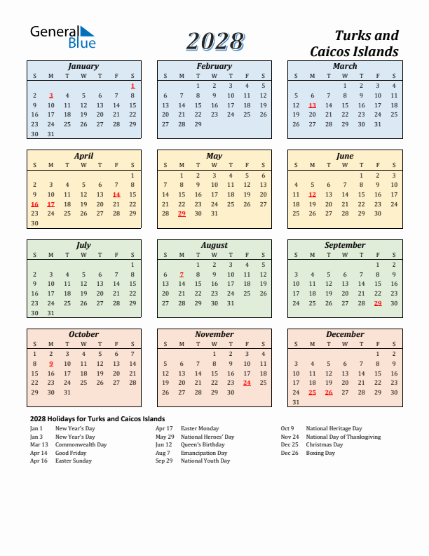 Turks and Caicos Islands Calendar 2028 with Sunday Start