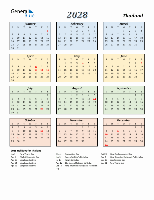 Thailand Calendar 2028 with Sunday Start