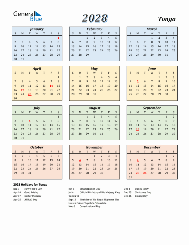 Tonga Calendar 2028 with Sunday Start