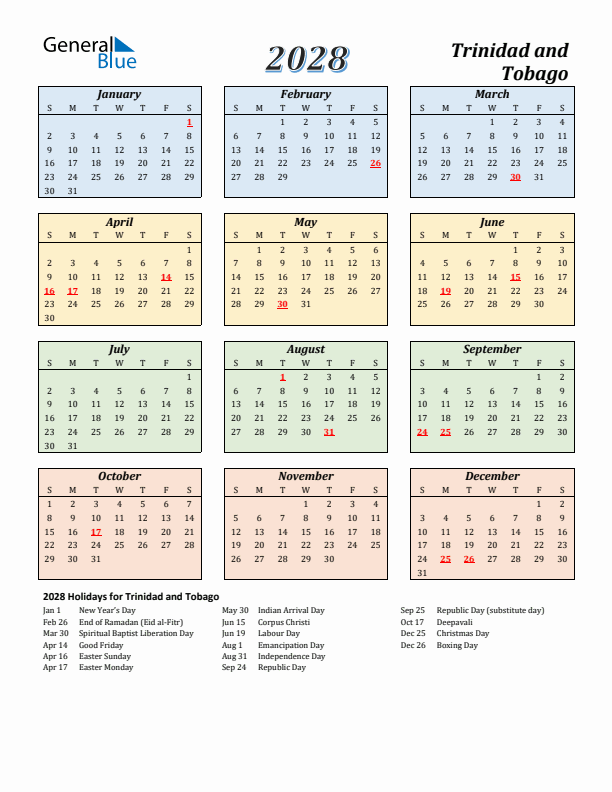 Trinidad and Tobago Calendar 2028 with Sunday Start