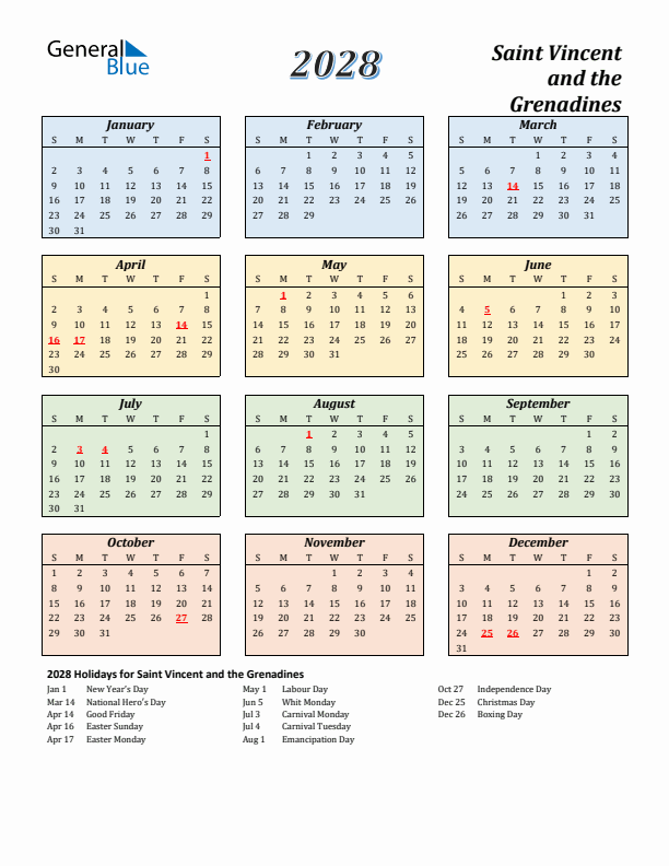 Saint Vincent and the Grenadines Calendar 2028 with Sunday Start