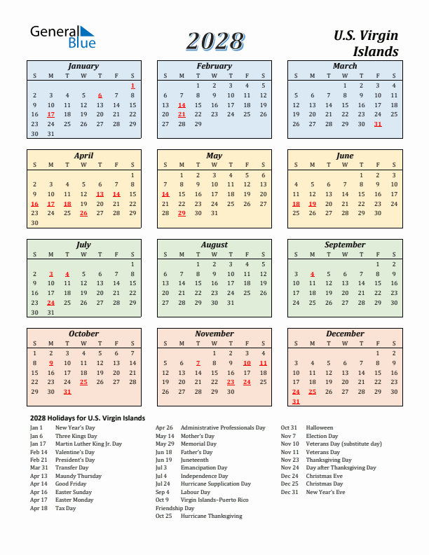 U.S. Virgin Islands Calendar 2028 with Sunday Start