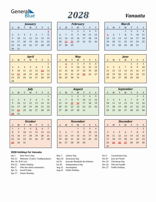 Vanuatu Calendar 2028 with Sunday Start