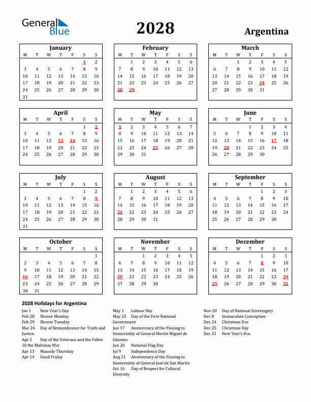 2028 Argentina Holiday Calendar - Monday Start