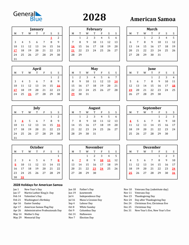 2028 American Samoa Holiday Calendar - Monday Start