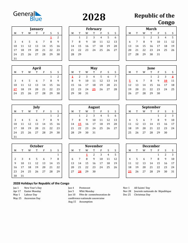 2028 Republic of the Congo Holiday Calendar - Monday Start