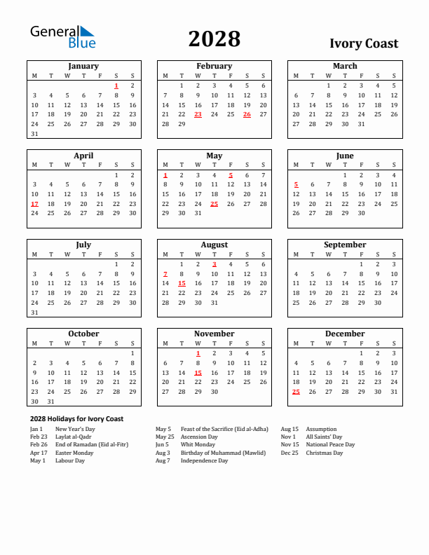 2028 Ivory Coast Holiday Calendar - Monday Start