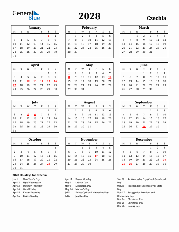 2028 Czechia Holiday Calendar - Monday Start