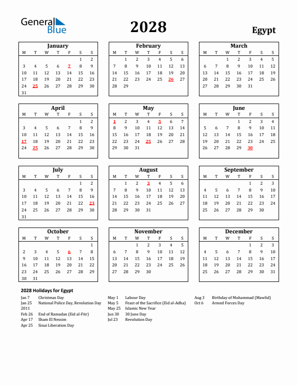 2028 Egypt Holiday Calendar - Monday Start