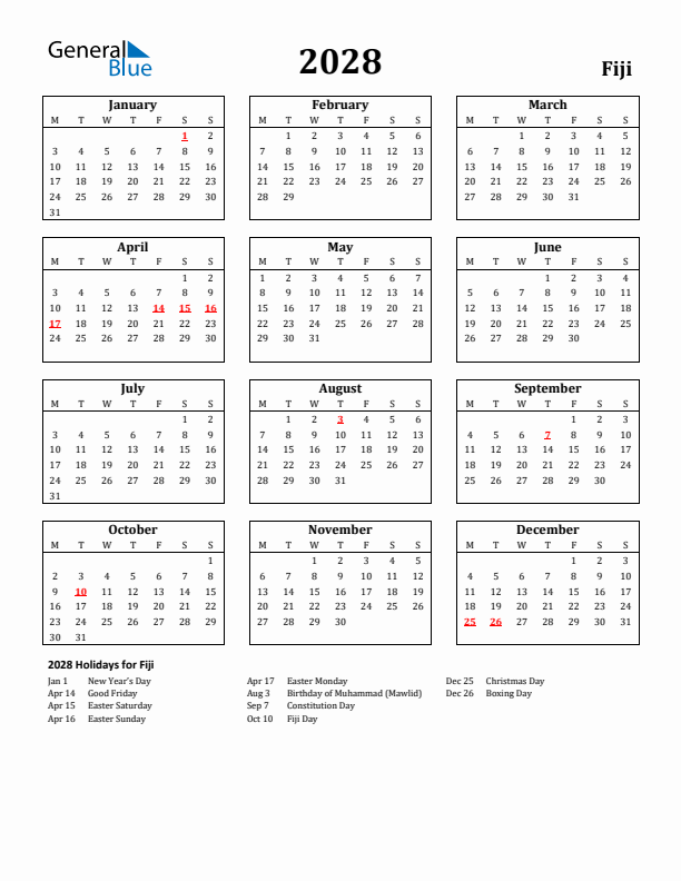 2028 Fiji Holiday Calendar - Monday Start