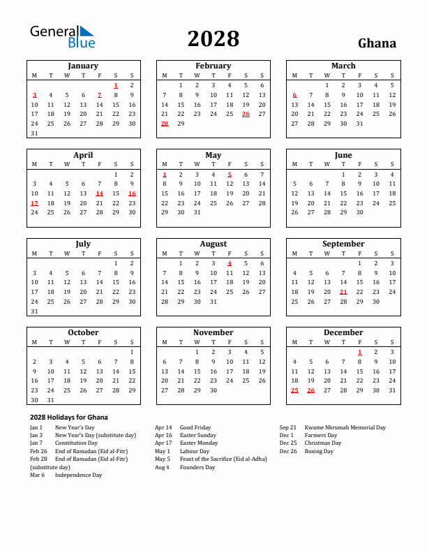 2028 Ghana Holiday Calendar - Monday Start