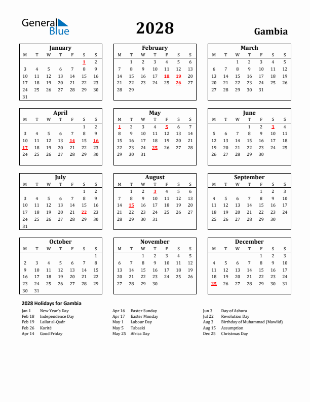 2028 Gambia Holiday Calendar - Monday Start
