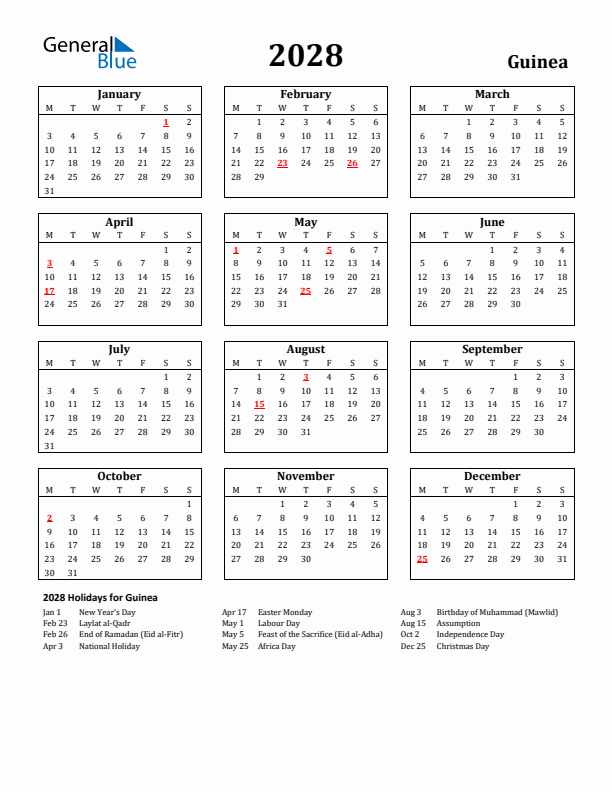 2028 Guinea Holiday Calendar - Monday Start