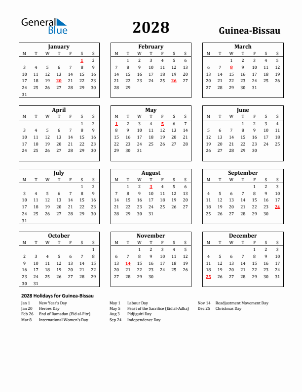 2028 Guinea-Bissau Holiday Calendar - Monday Start