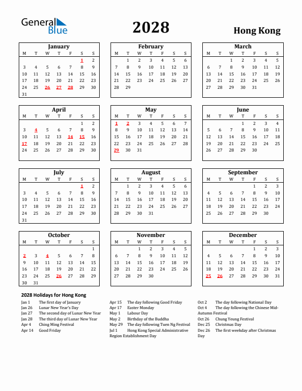 2028 Hong Kong Holiday Calendar - Monday Start