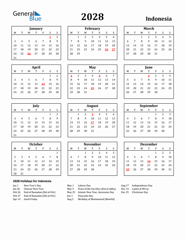 2028 Indonesia Holiday Calendar - Monday Start