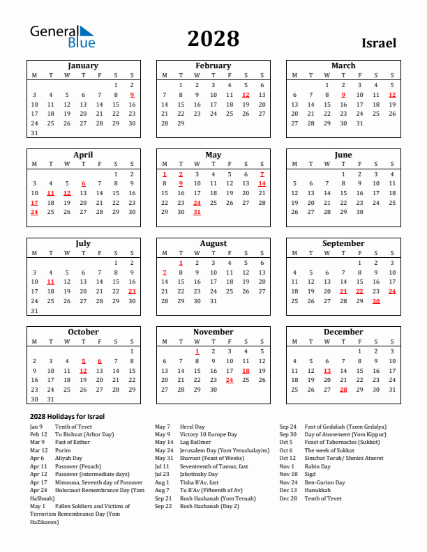 2028 Israel Holiday Calendar - Monday Start