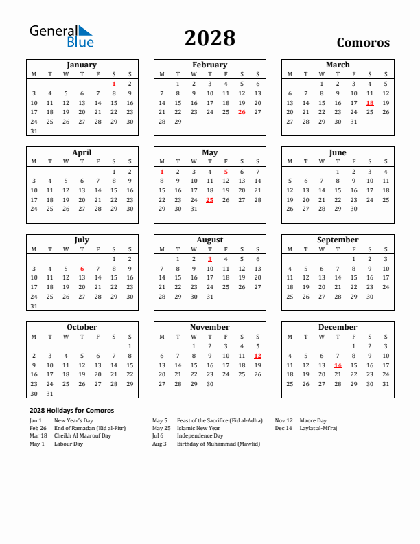 2028 Comoros Holiday Calendar - Monday Start