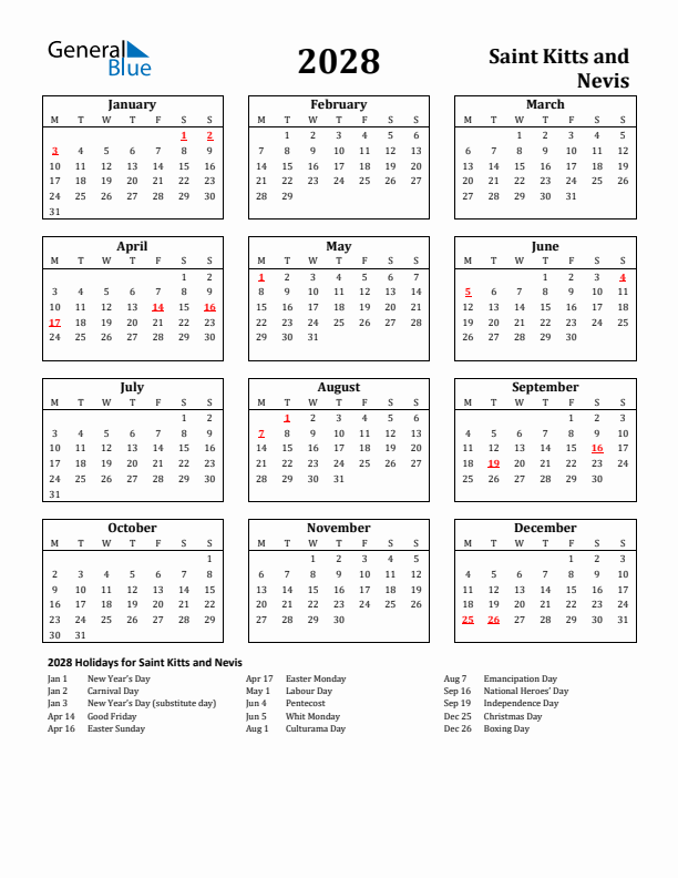 2028 Saint Kitts and Nevis Holiday Calendar - Monday Start