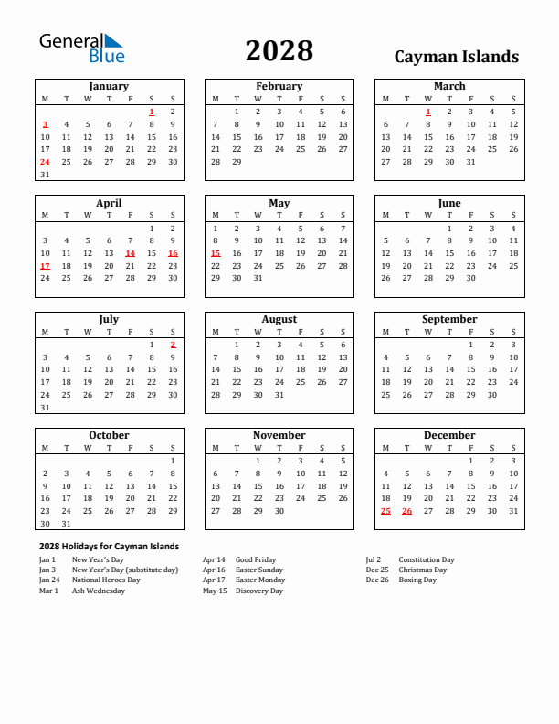 2028 Cayman Islands Holiday Calendar - Monday Start