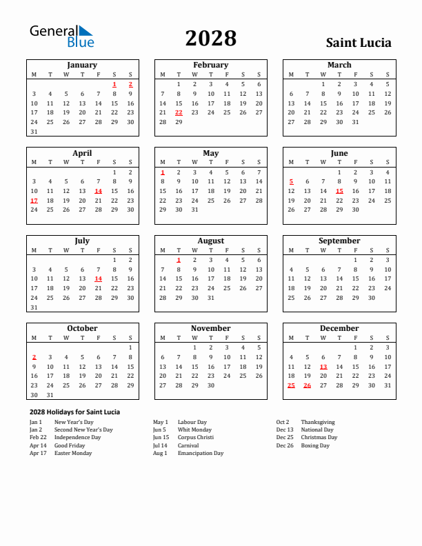 2028 Saint Lucia Holiday Calendar - Monday Start