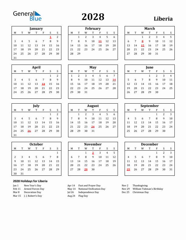 2028 Liberia Holiday Calendar - Monday Start