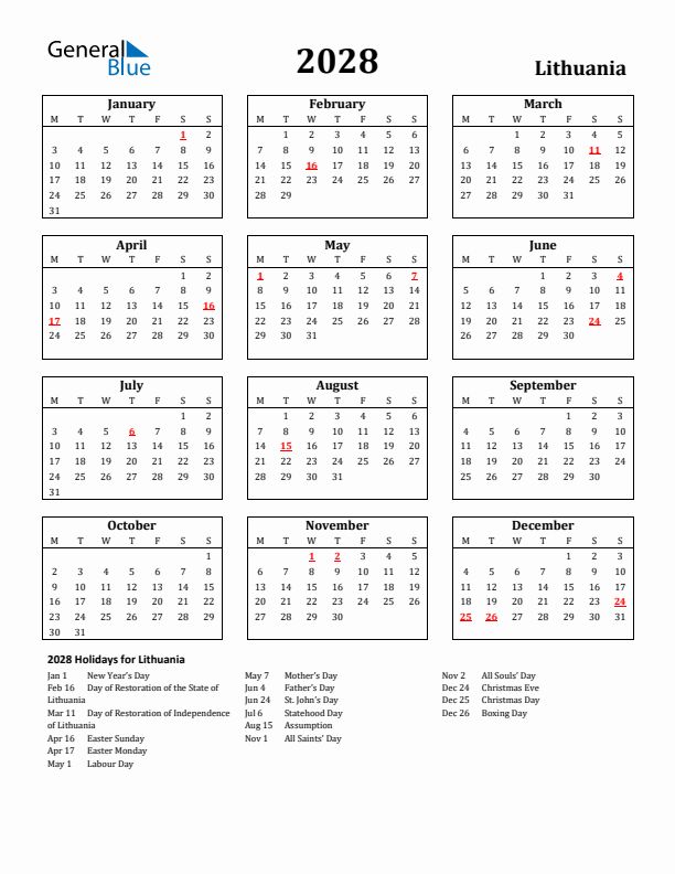 2028 Lithuania Holiday Calendar - Monday Start