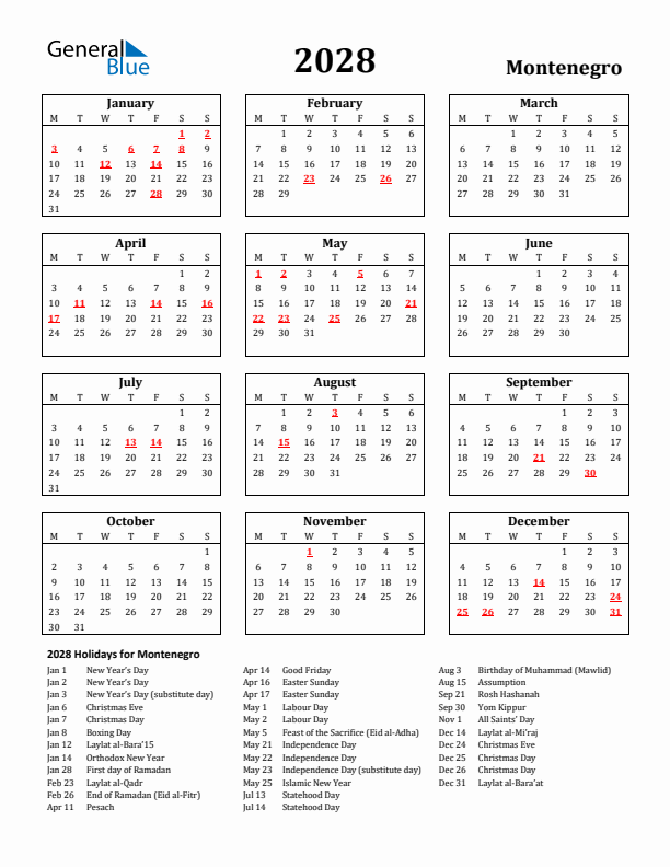 2028 Montenegro Holiday Calendar - Monday Start