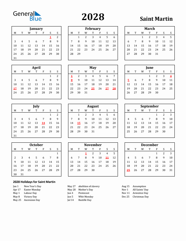 2028 Saint Martin Holiday Calendar - Monday Start