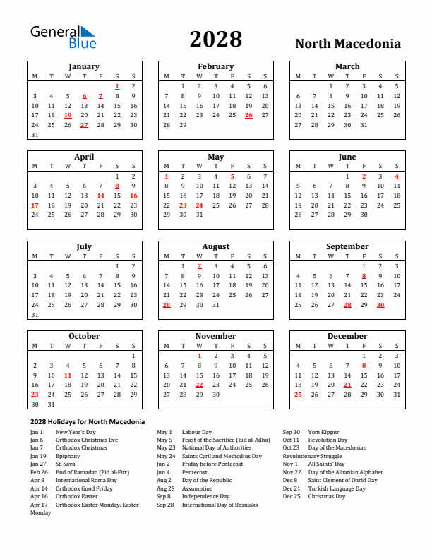 2028 North Macedonia Holiday Calendar - Monday Start