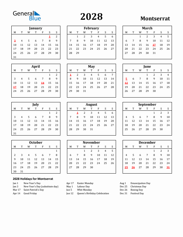 2028 Montserrat Holiday Calendar - Monday Start
