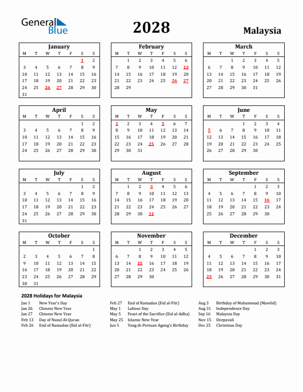 2028 Malaysia Holiday Calendar - Monday Start