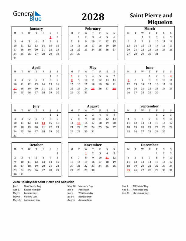 2028 Saint Pierre and Miquelon Holiday Calendar - Monday Start