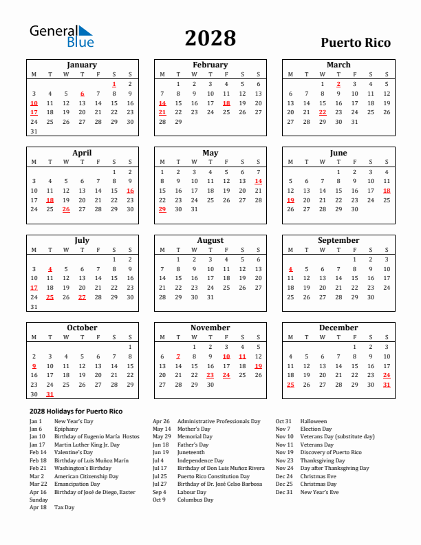 2028 Puerto Rico Holiday Calendar - Monday Start