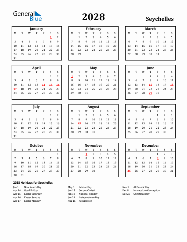 2028 Seychelles Holiday Calendar - Monday Start