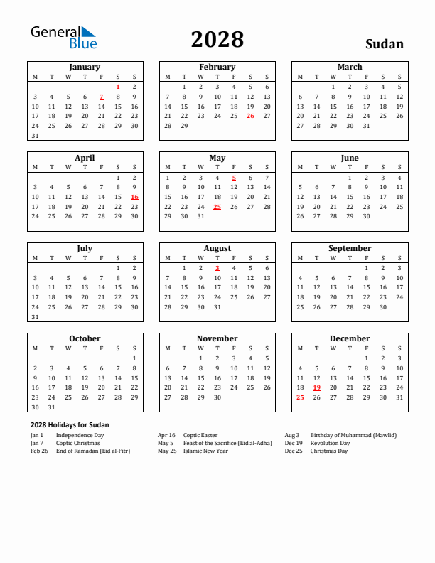 2028 Sudan Holiday Calendar - Monday Start