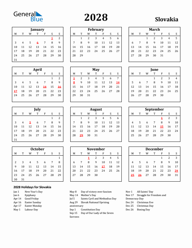 2028 Slovakia Holiday Calendar - Monday Start