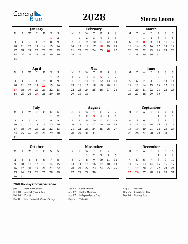 2028 Sierra Leone Holiday Calendar - Monday Start