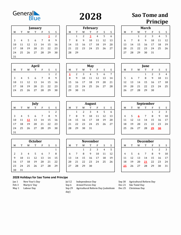 2028 Sao Tome and Principe Holiday Calendar - Monday Start