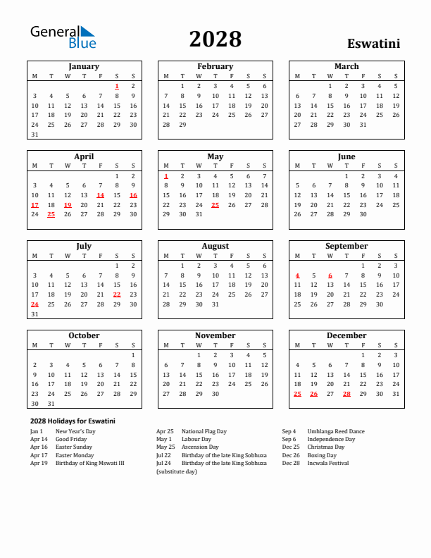 2028 Eswatini Holiday Calendar - Monday Start